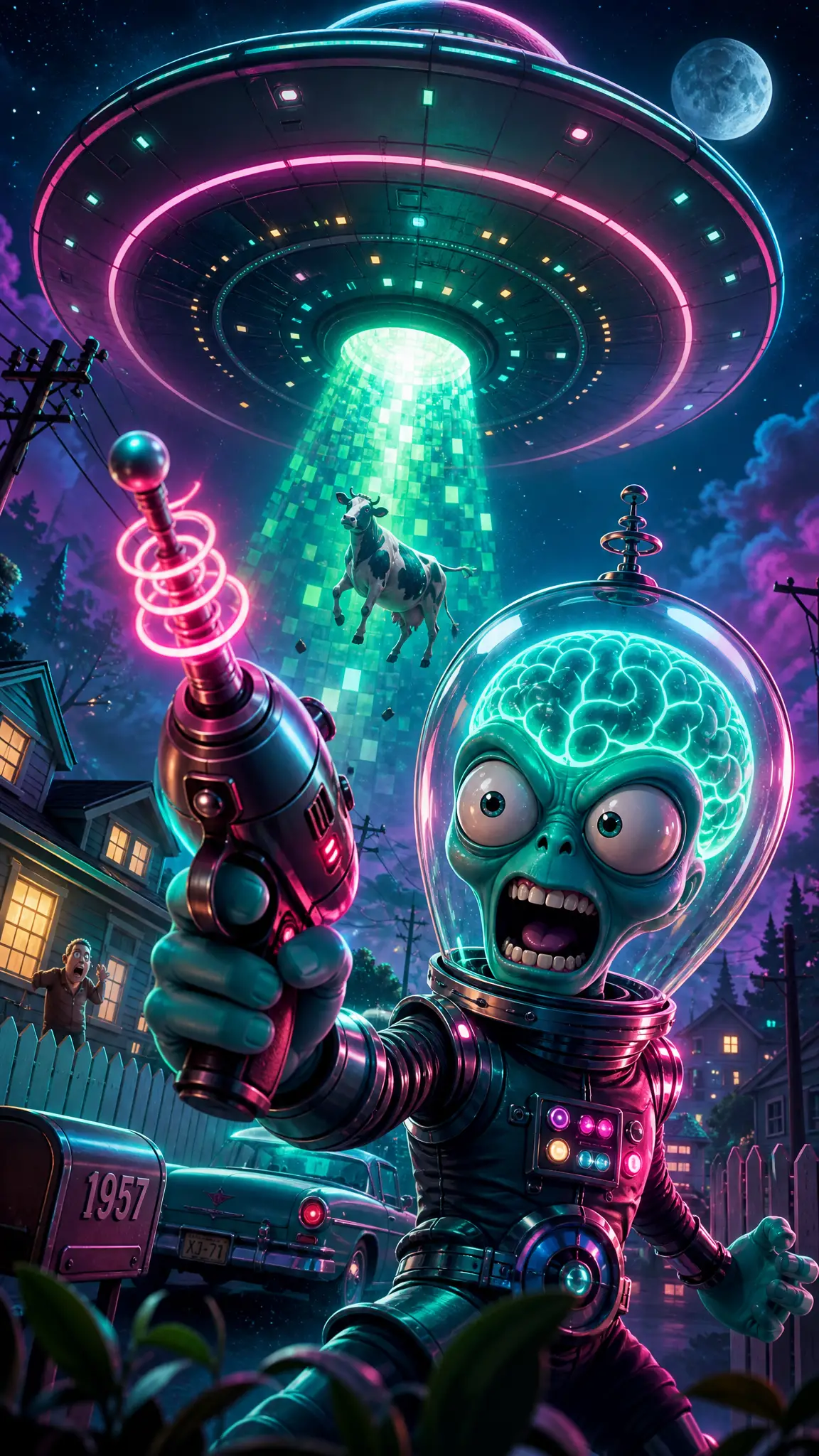 レトロな郊外の通りにUFOビームを放つ宇宙人のイラスト