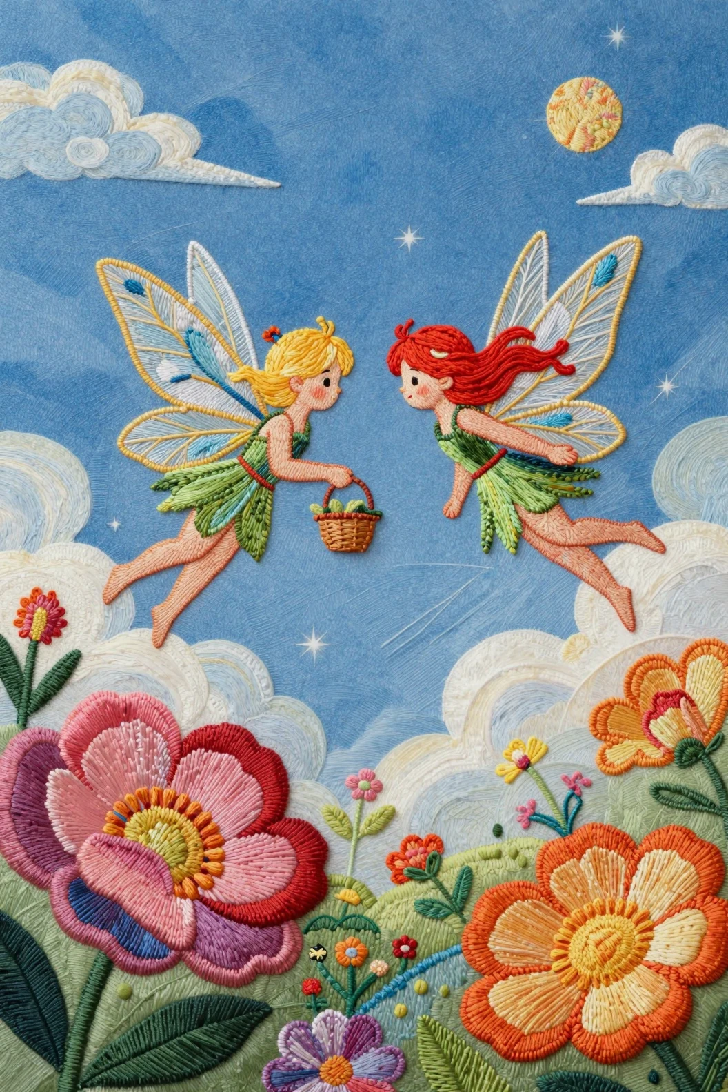 Two embroidered fairies flying among giant wool flowers