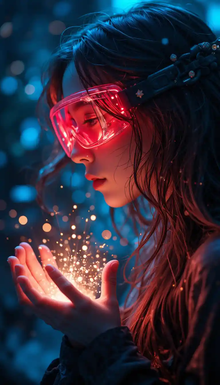 Woman with glowing light in hands wearing red goggles