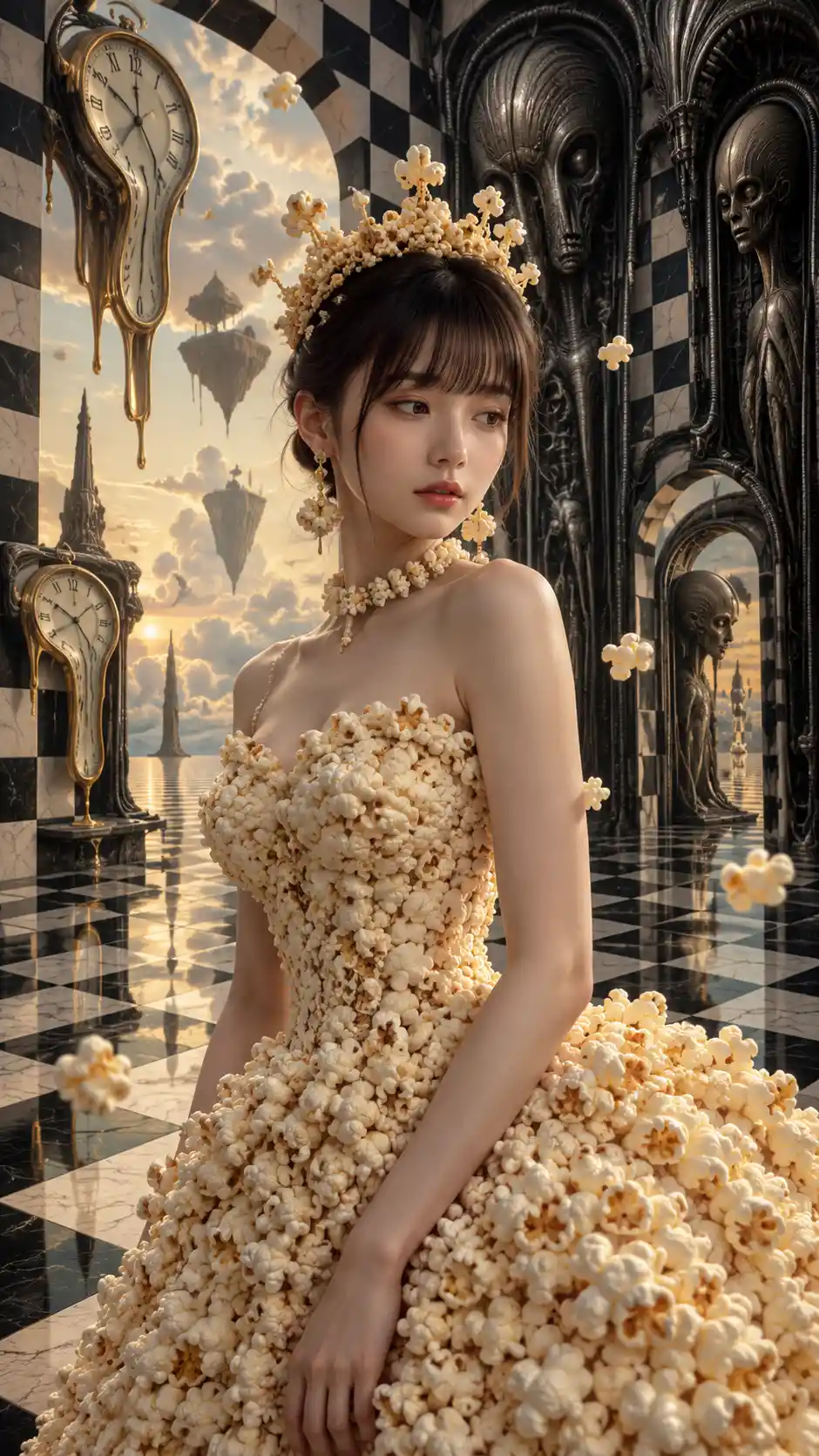 Young woman in popcorn dress on surreal checkered floor