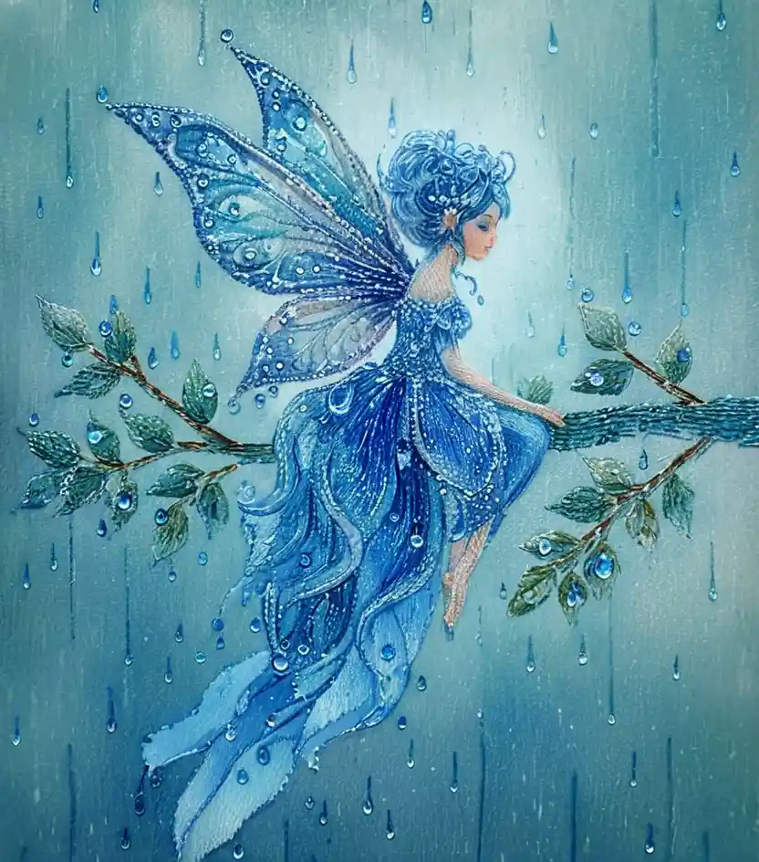 Blue fairy on branch in soft rainy embroidered scene