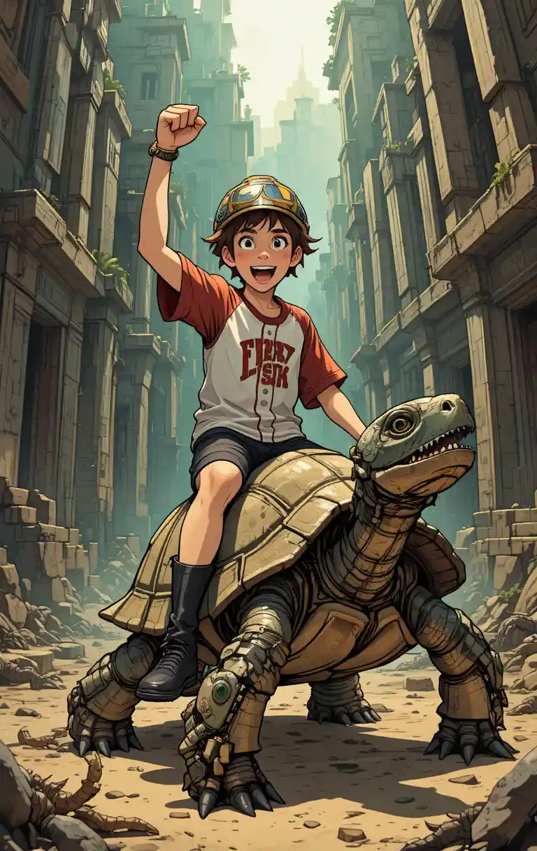Teen boy riding a tortoise automaton in an ancient maze