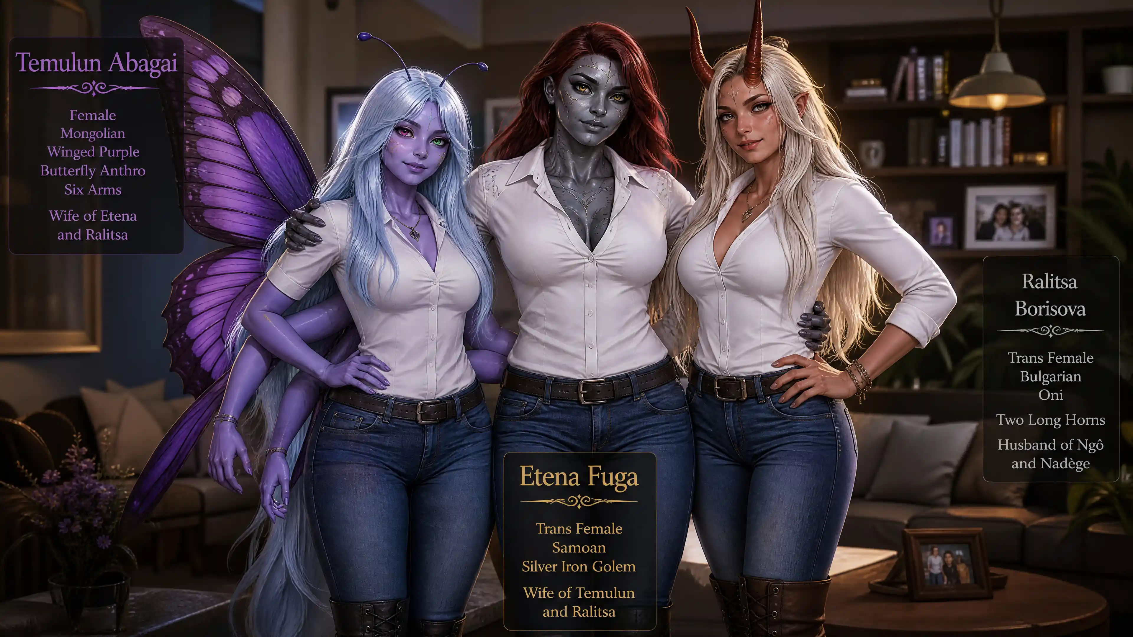 Winged purple butterfly woman with six arms in casual clothes