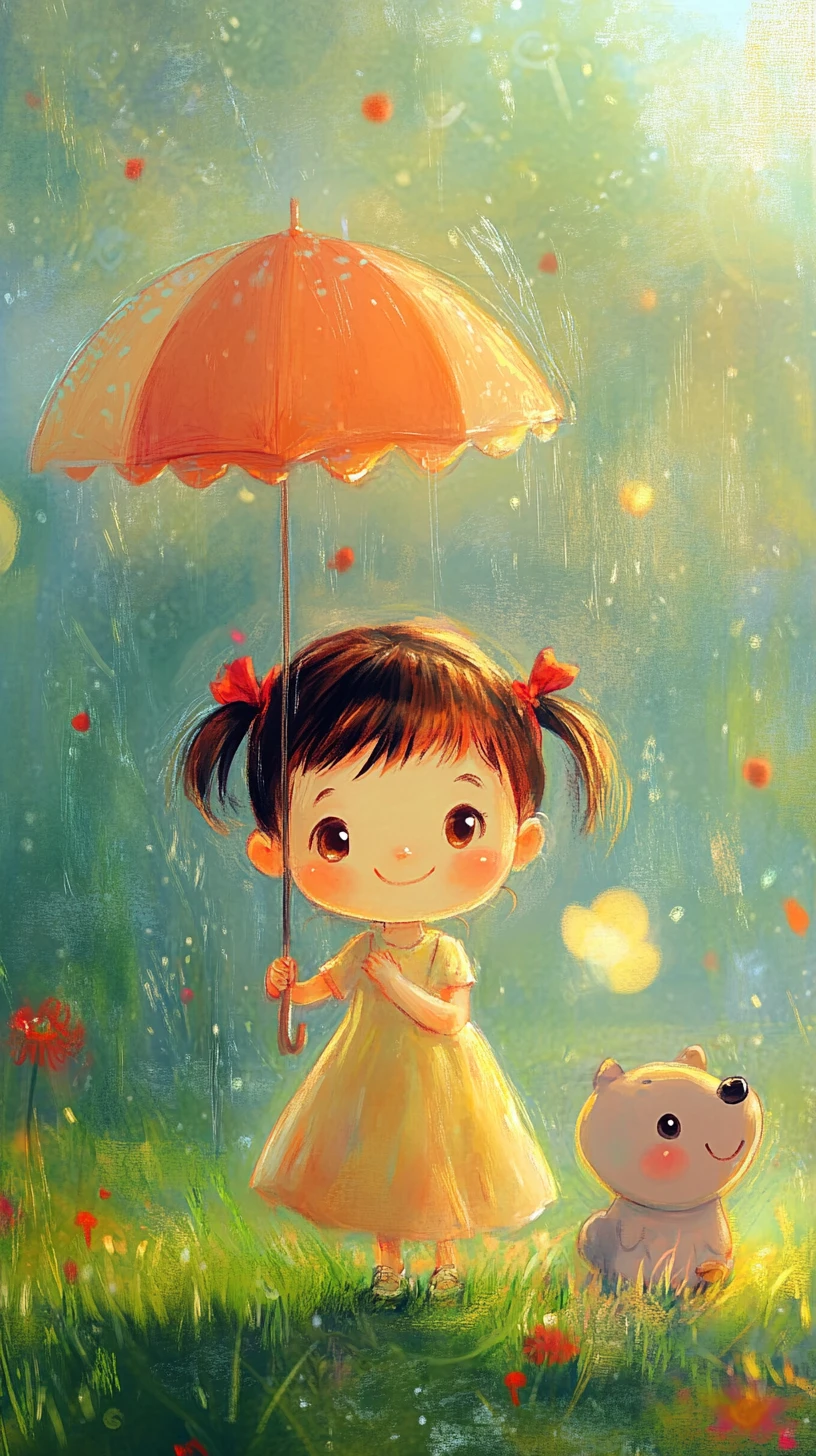 Whimsical childrens illustration with bright pastel anime charm