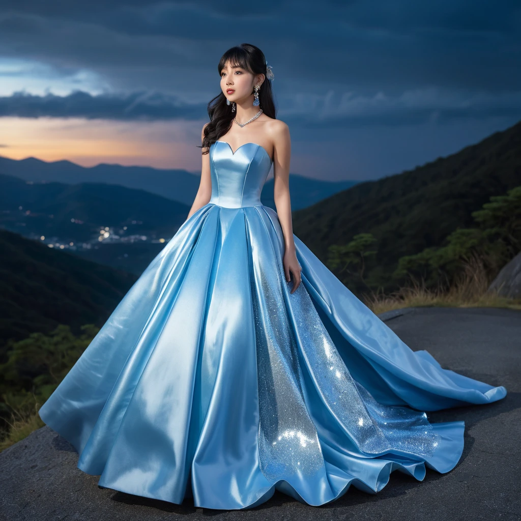 Elegant woman in blue satin gown on a night mountain