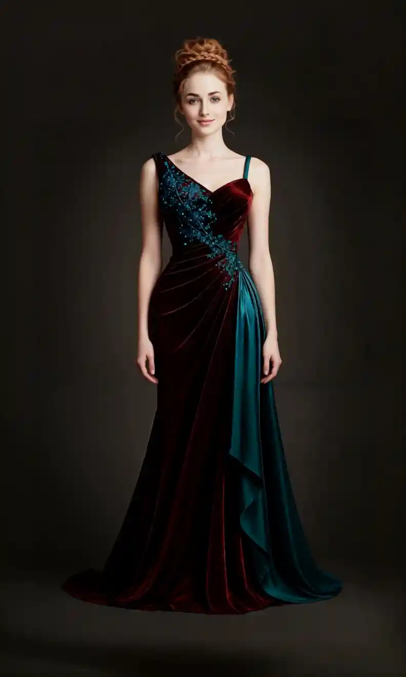 Blonde woman in burgundy velvet and teal silk embroidered dress