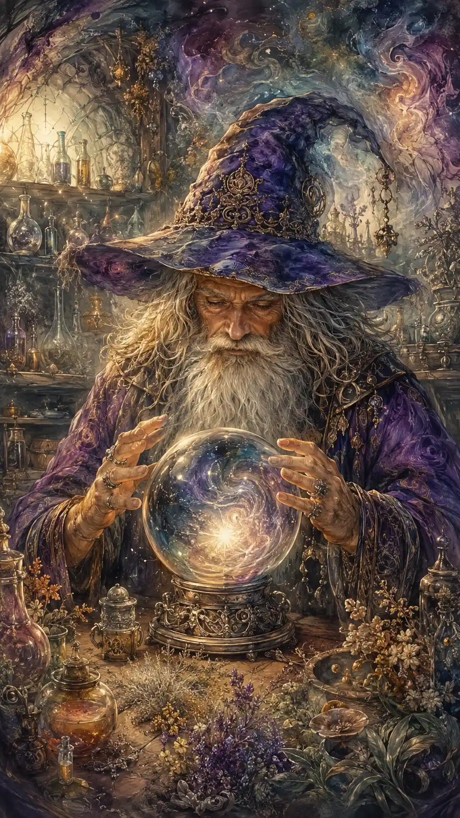 Mystic wizard gazing into a crystal ball in laboratory