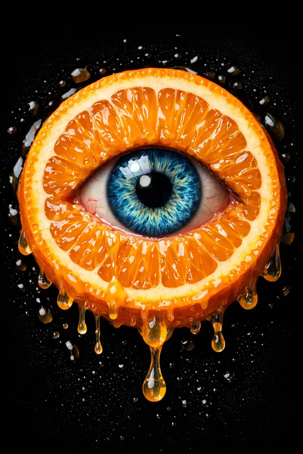 Naranja surrealista con ojo azul realista y jugo goteando