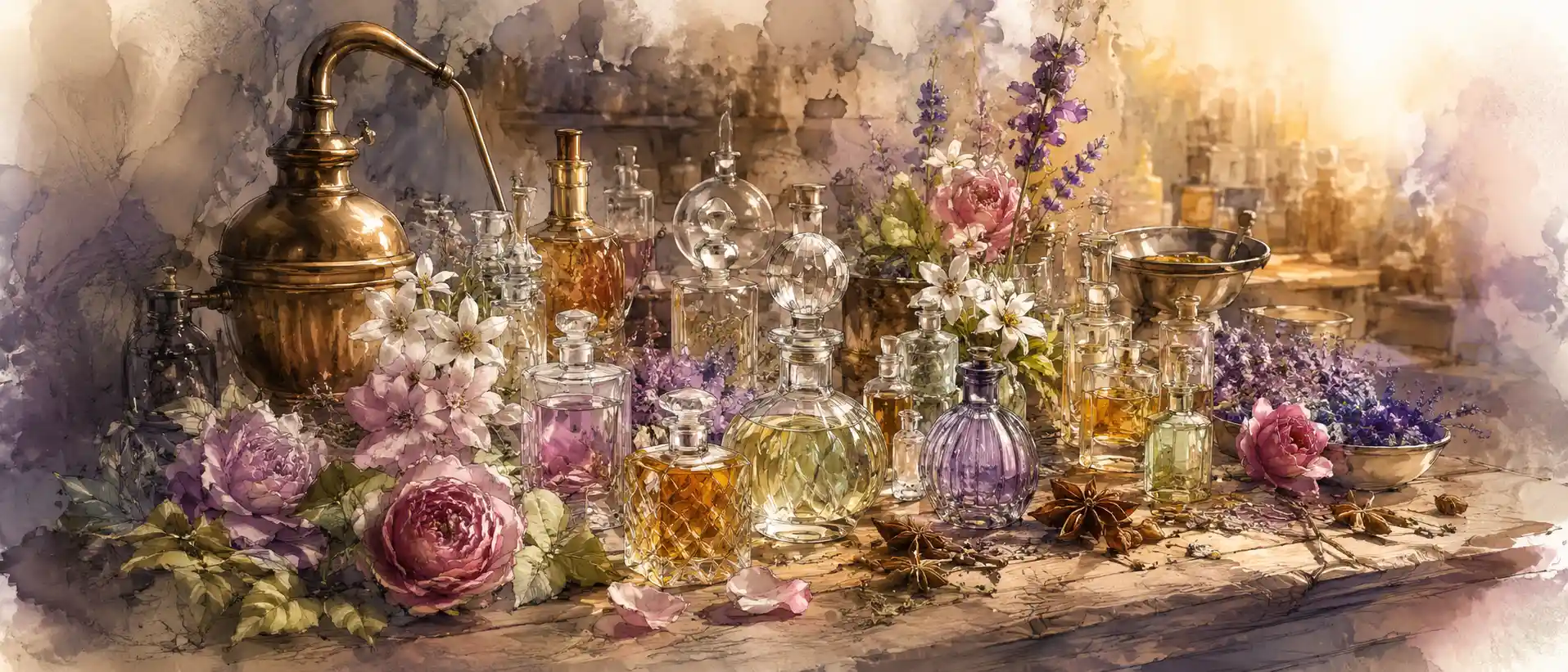 Colorful perfume bottles on a vintage table in artistic close up