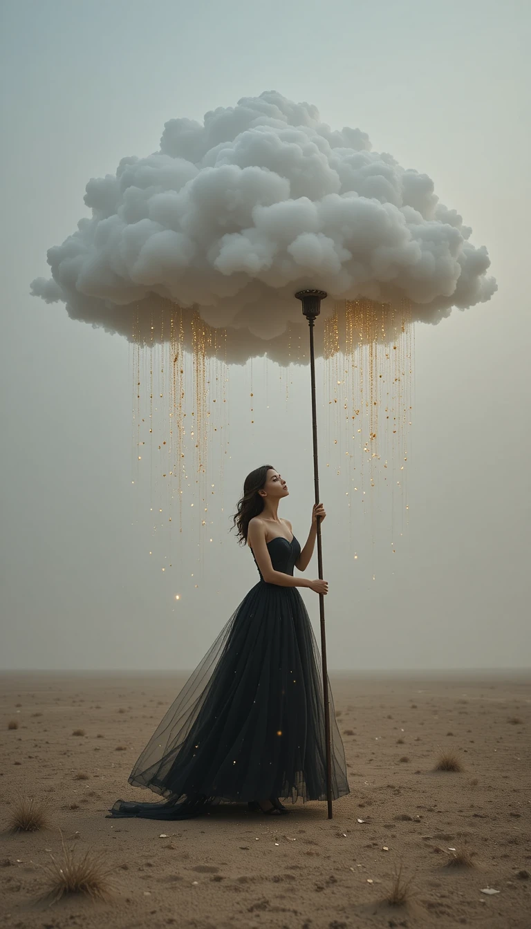 Woman beneath a floating cloud of golden rain