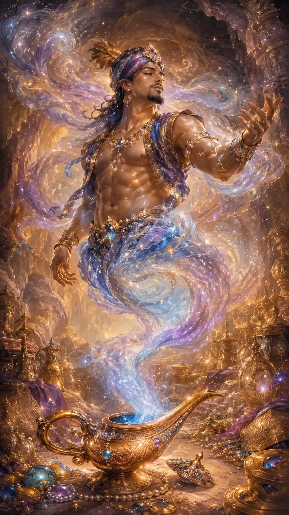 Mystical male genie emerging from jeweled golden lamp