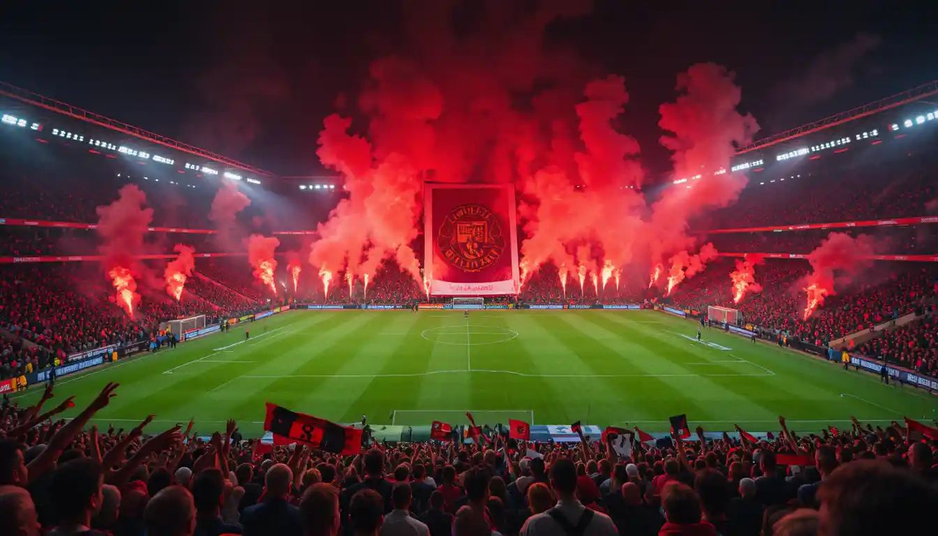 Passionate football fans fill a stadium in fiery red light