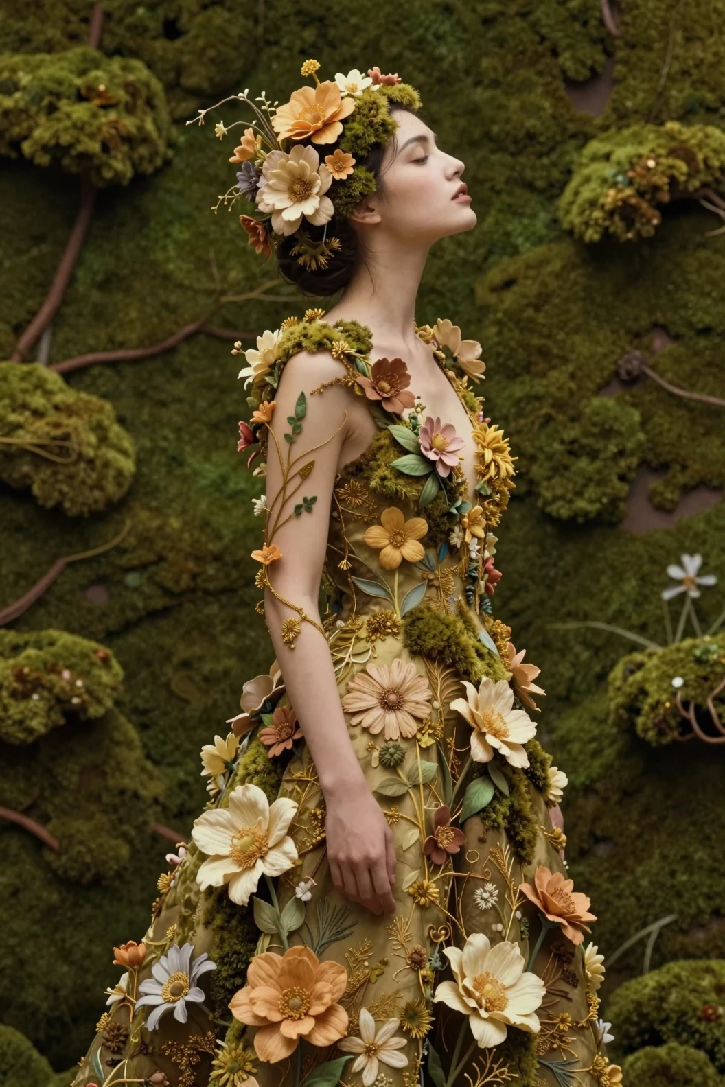 Elegant woman in floral dress against moss green backdrop