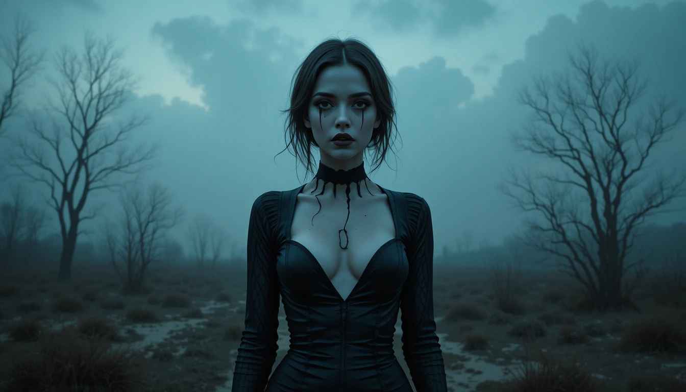 Surreal full body portrait of a woman standing alone