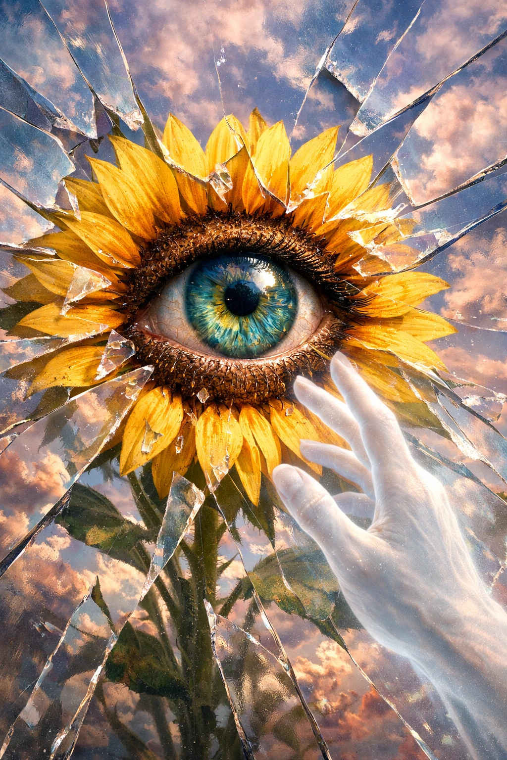 Surreal sunflower eye with shattered glass and pastel sky