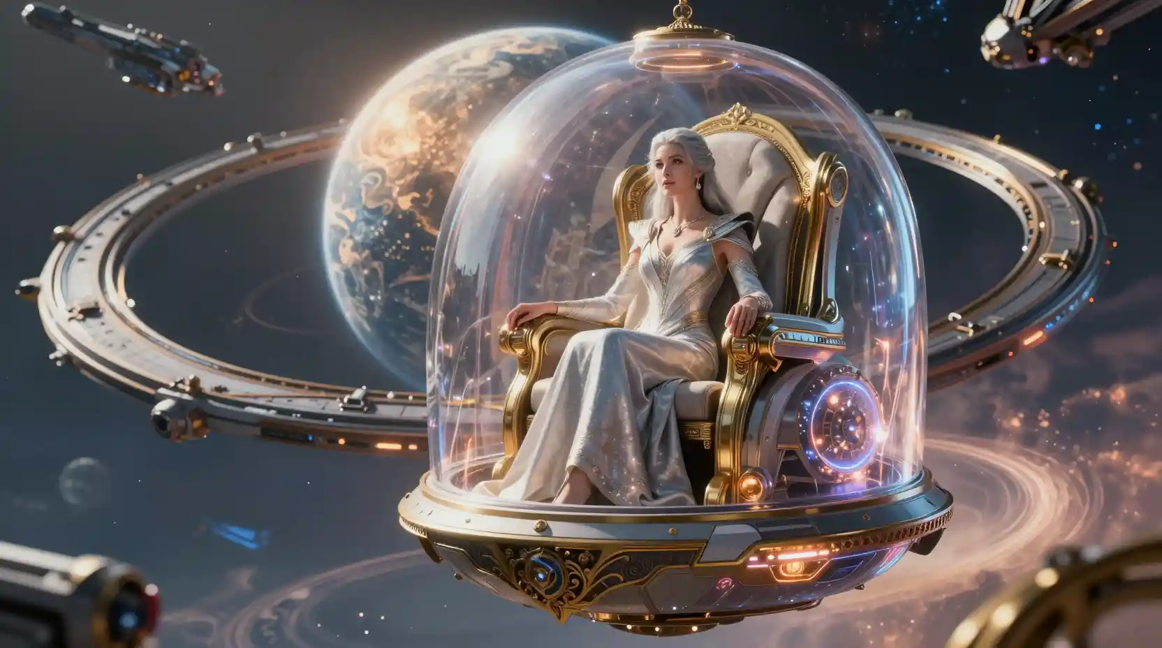 Rainha régia em um trono voador futurista acima do espaço