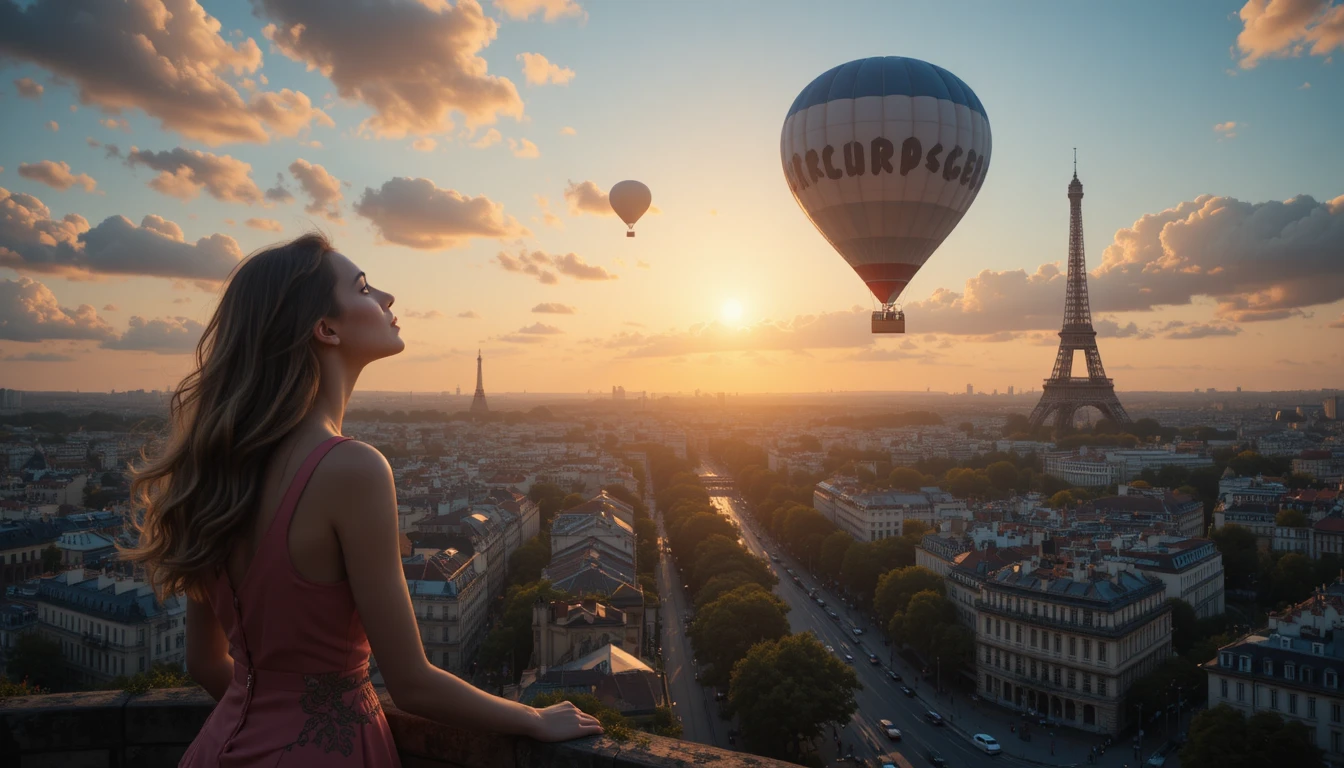 Close up of a woman watching a hot air balloon over Paris
