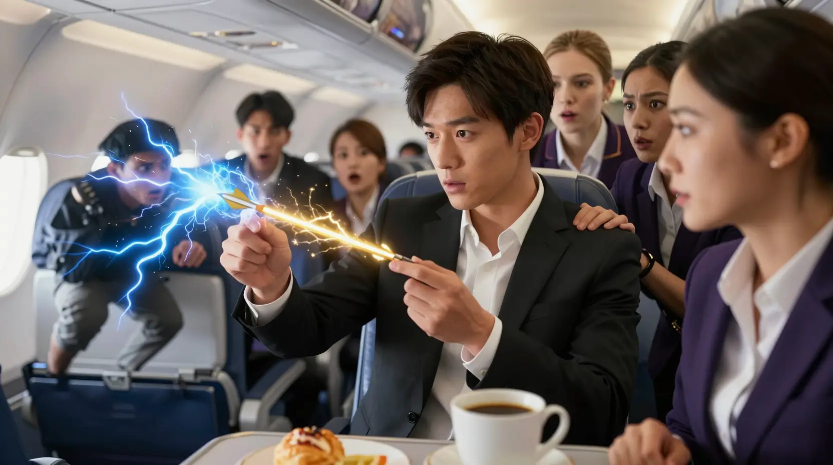 Asian man firing energy arrows in airplane aisle