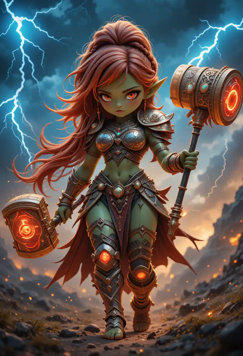 Cute chibi girl warrior walking in glowing combat pose