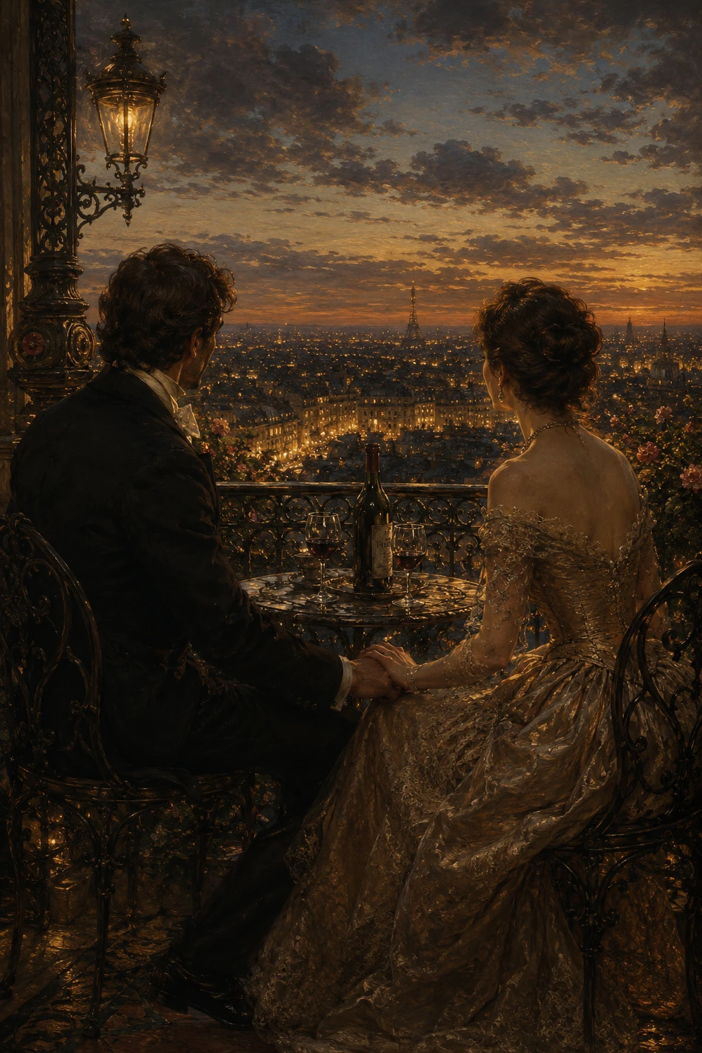 Pareja elegante en un balcón al anochecer con vistas a las luces de la ciudad