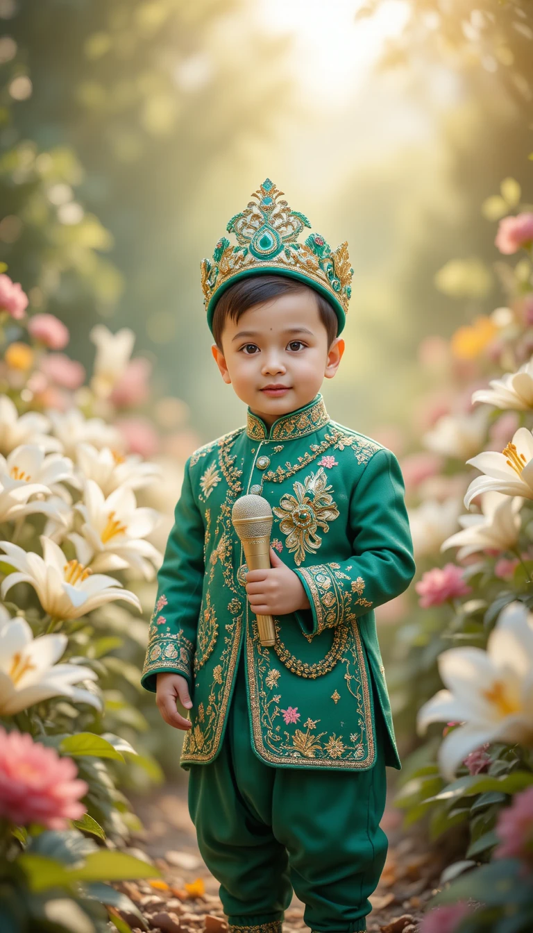 Bebê menino em sherwani esmeralda em um jardim florido