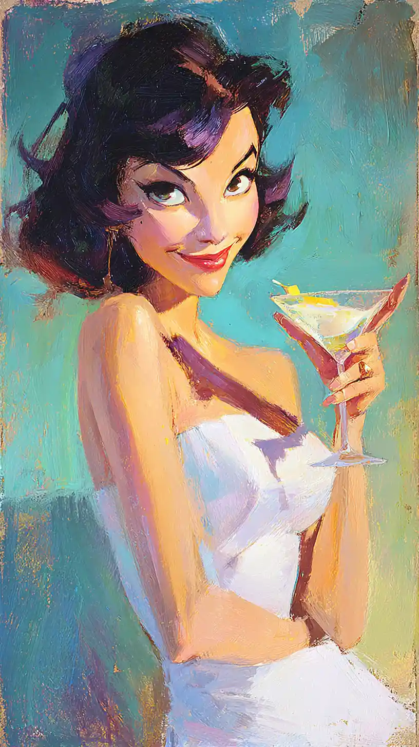 Playful 1930s glamour woman with martini in pastel portrait