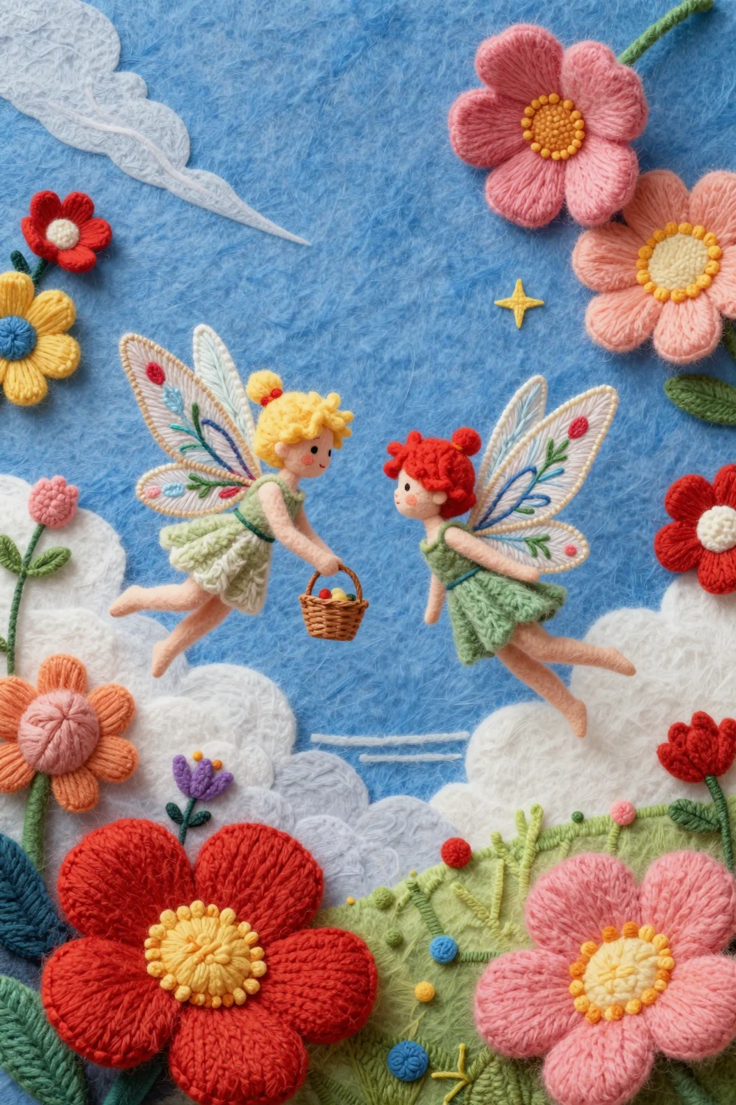 コラージュの空を舞う刺繍の翼を持つテキスタイルの妖精たち