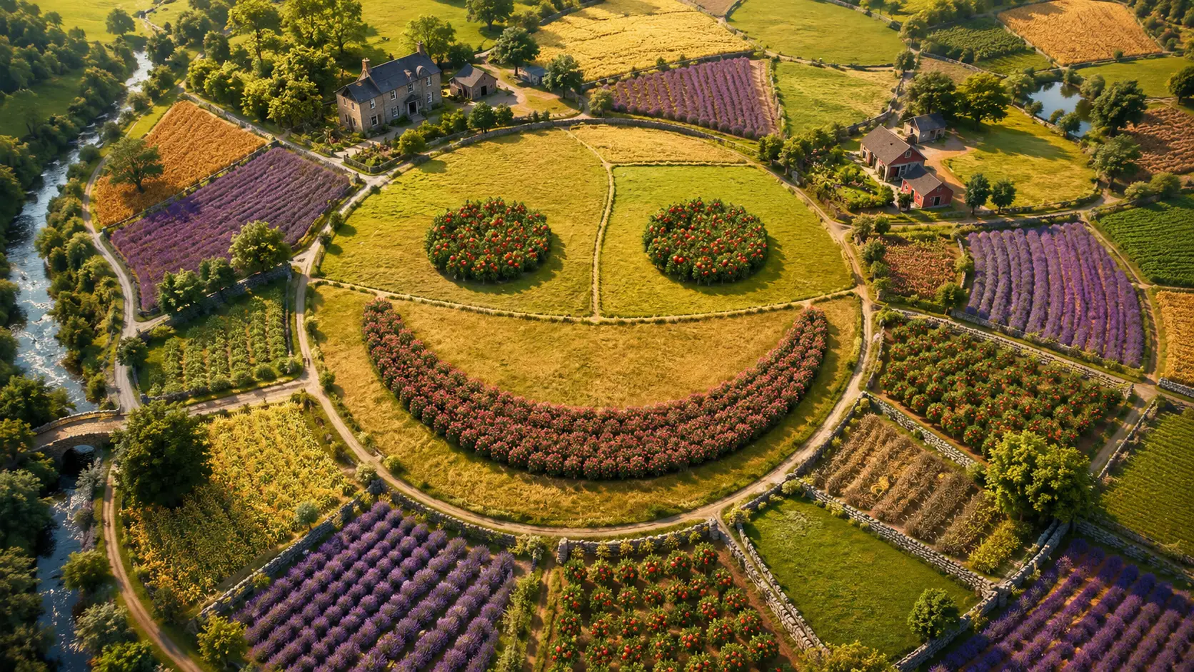 Patchwork countryside of orchards and lavender fields from above