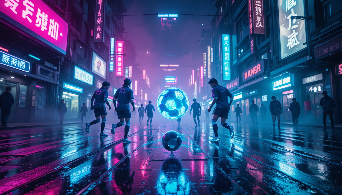 Futuristic street soccer under neon rain in cyberpunk city