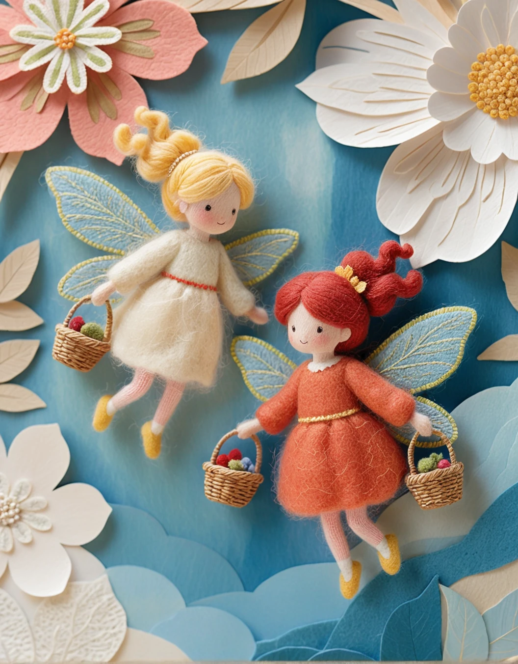Whimsical felt fairies with embroidered wings and flowers