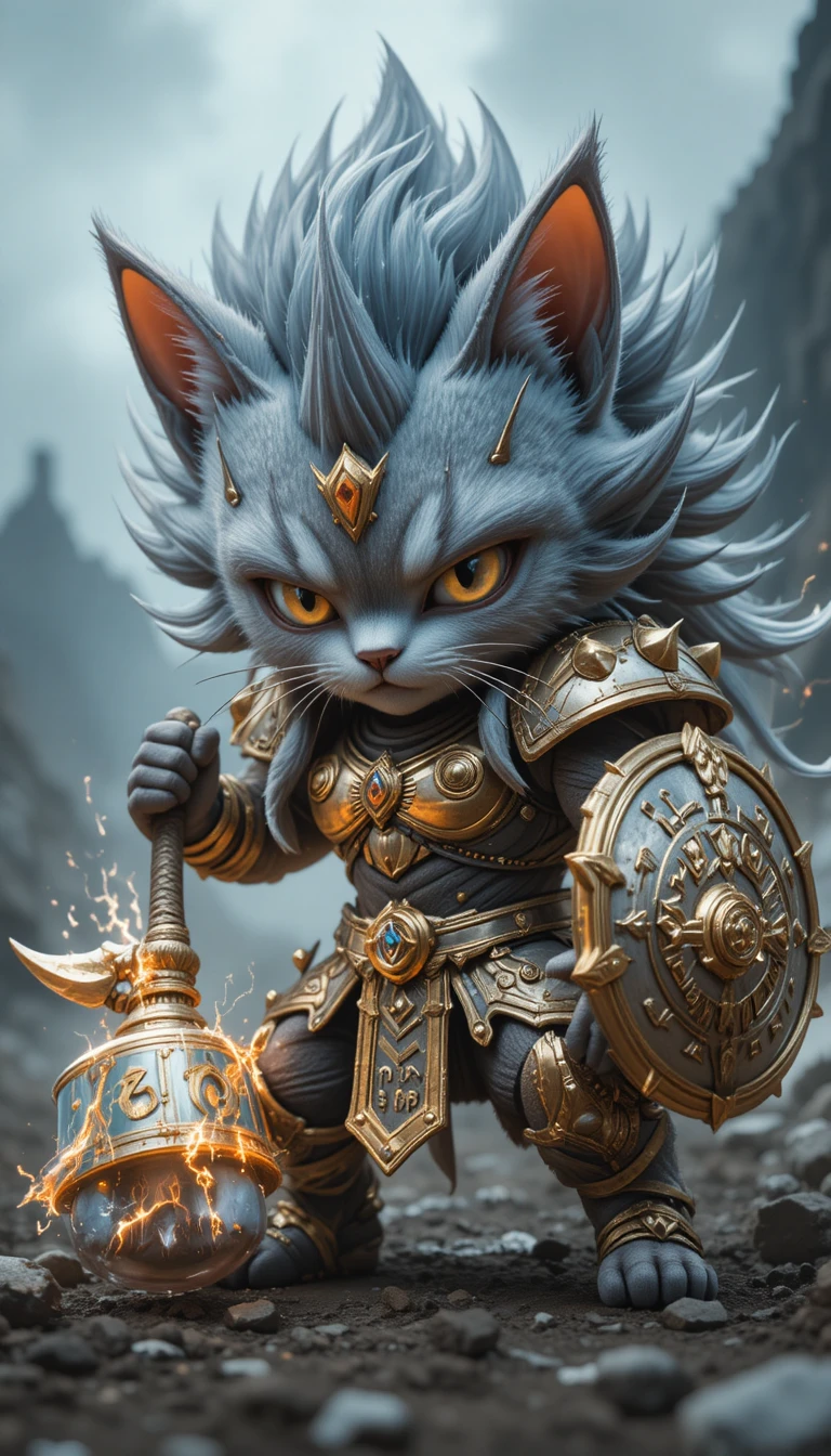 Fierce chibi tabby cat warrior in stormy battle stance