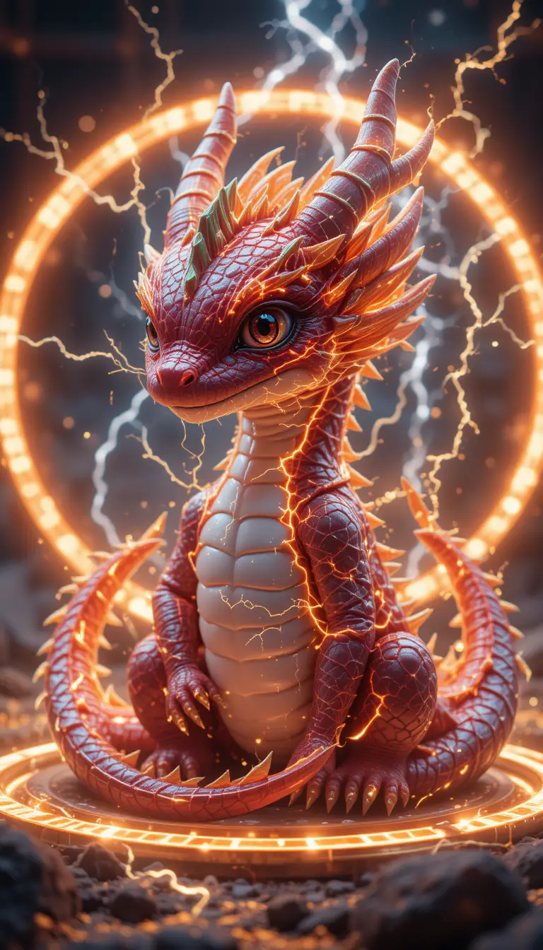 Chibi baby dragon in a glowing magical summoning circle