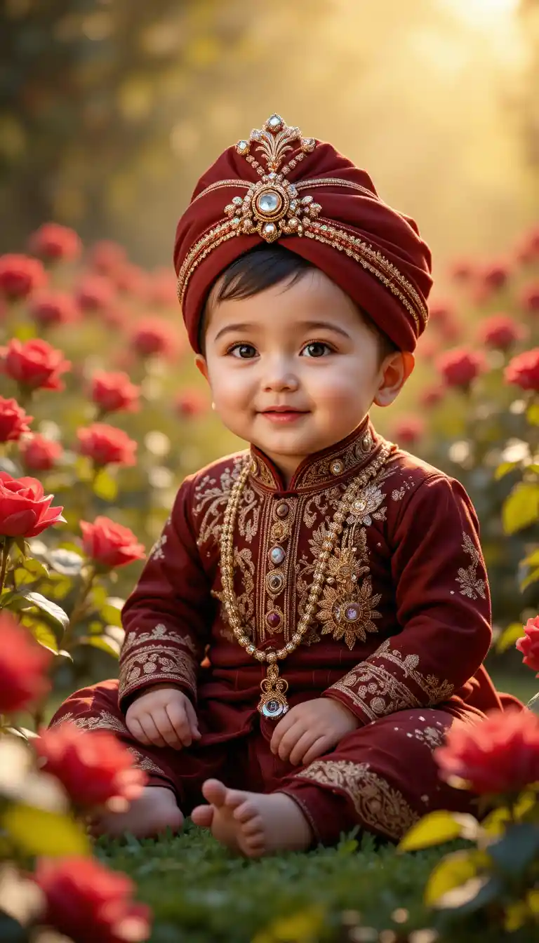 Smiling baby prince in maroon sherwani among red roses