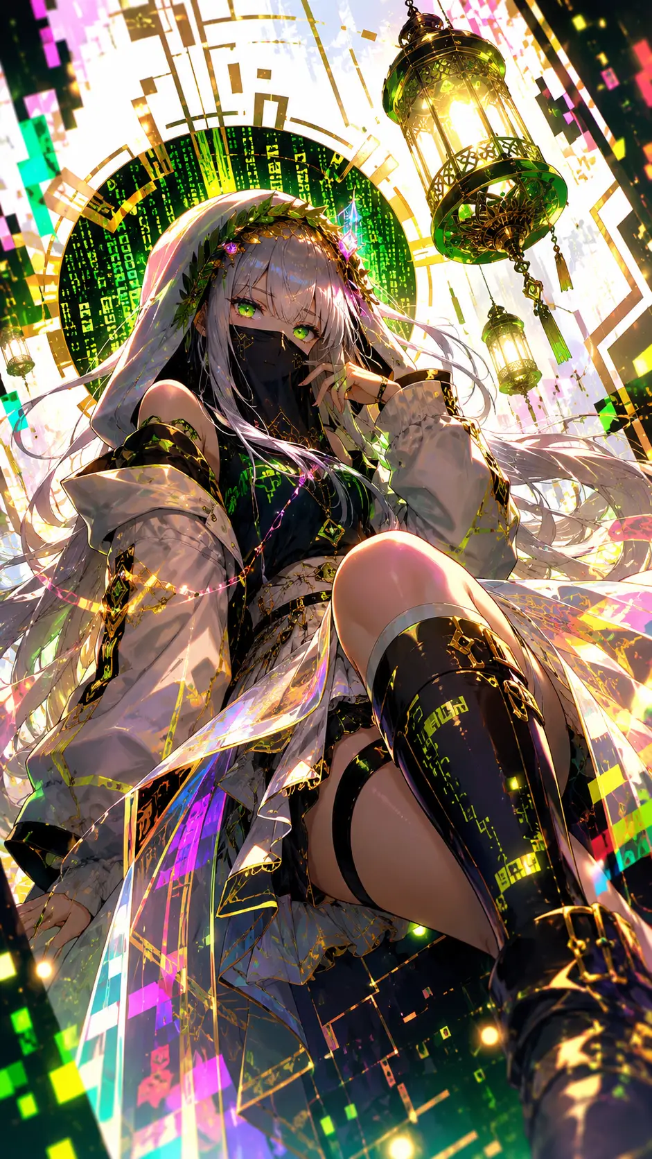 Anime girl with glowing green eyes and halo lantern