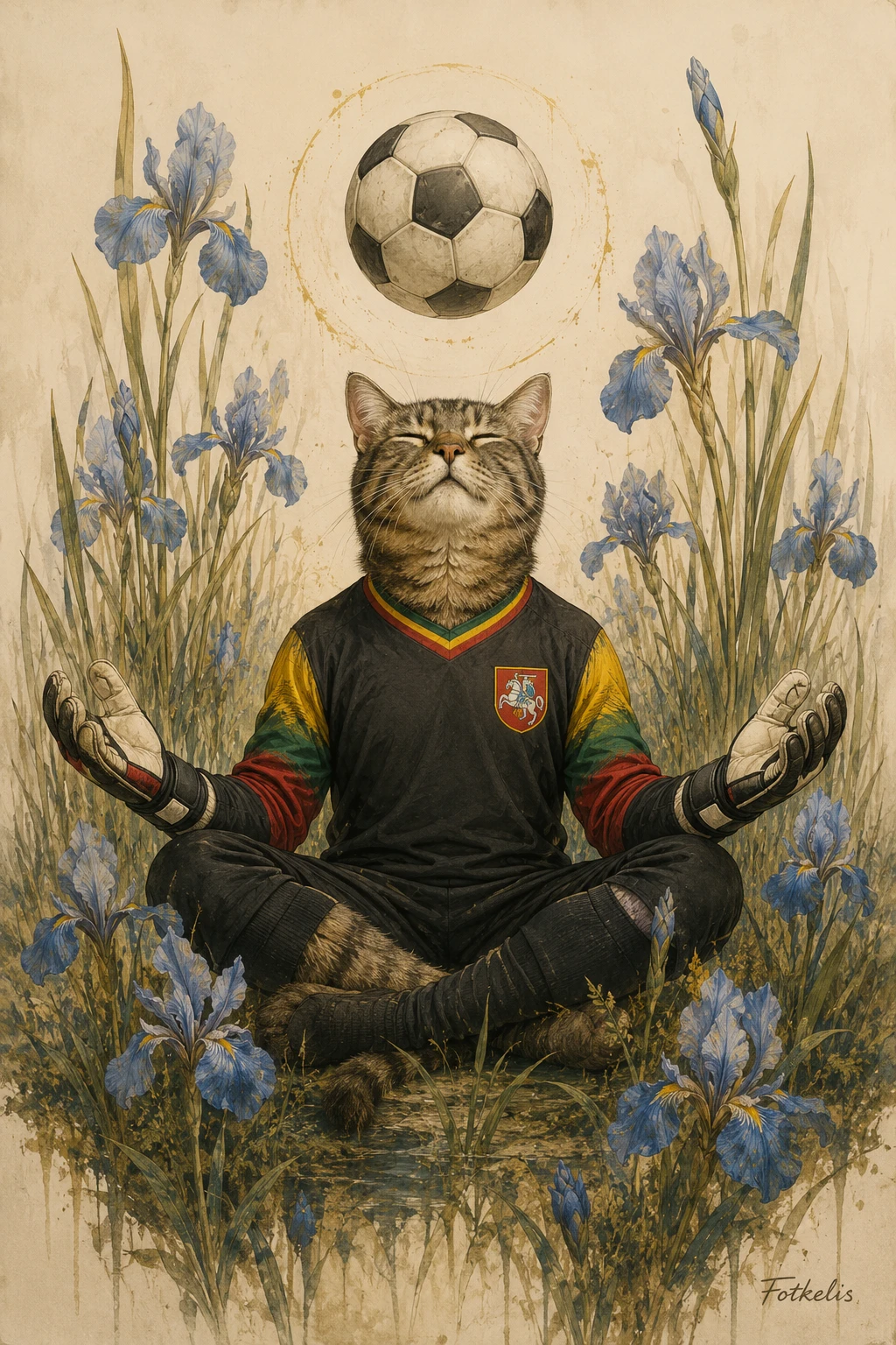 Zen cat goalkeeper among iris flowers in meditation