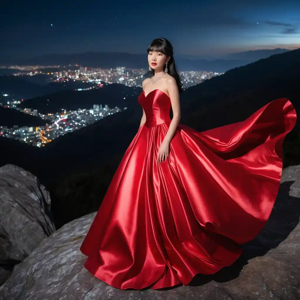 Elegant woman in red satin gown on a mountain night