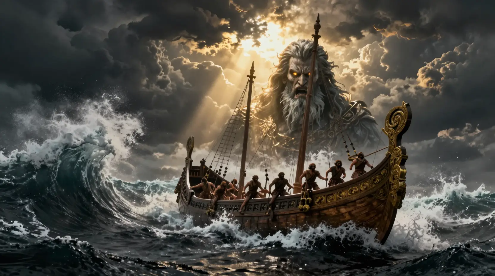 Ancien navire de guerre affrontant d’immenses vagues océaniques en pleine tempête