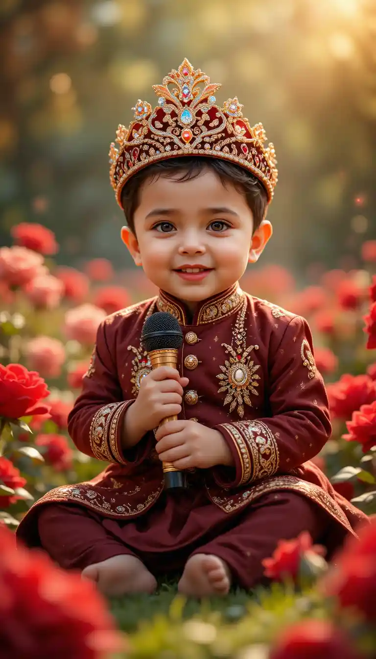 Smiling Young Boy In Maroon Sherwani Among Red Roses