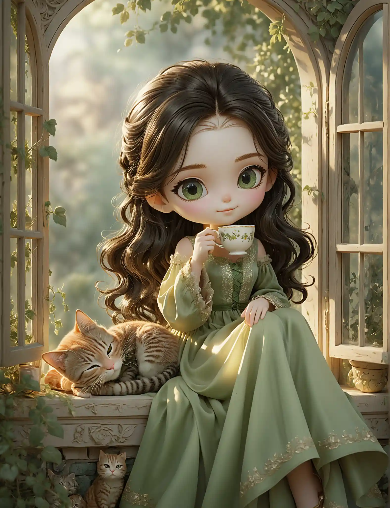 Girl sipping tea on a vintage window with sleeping cat