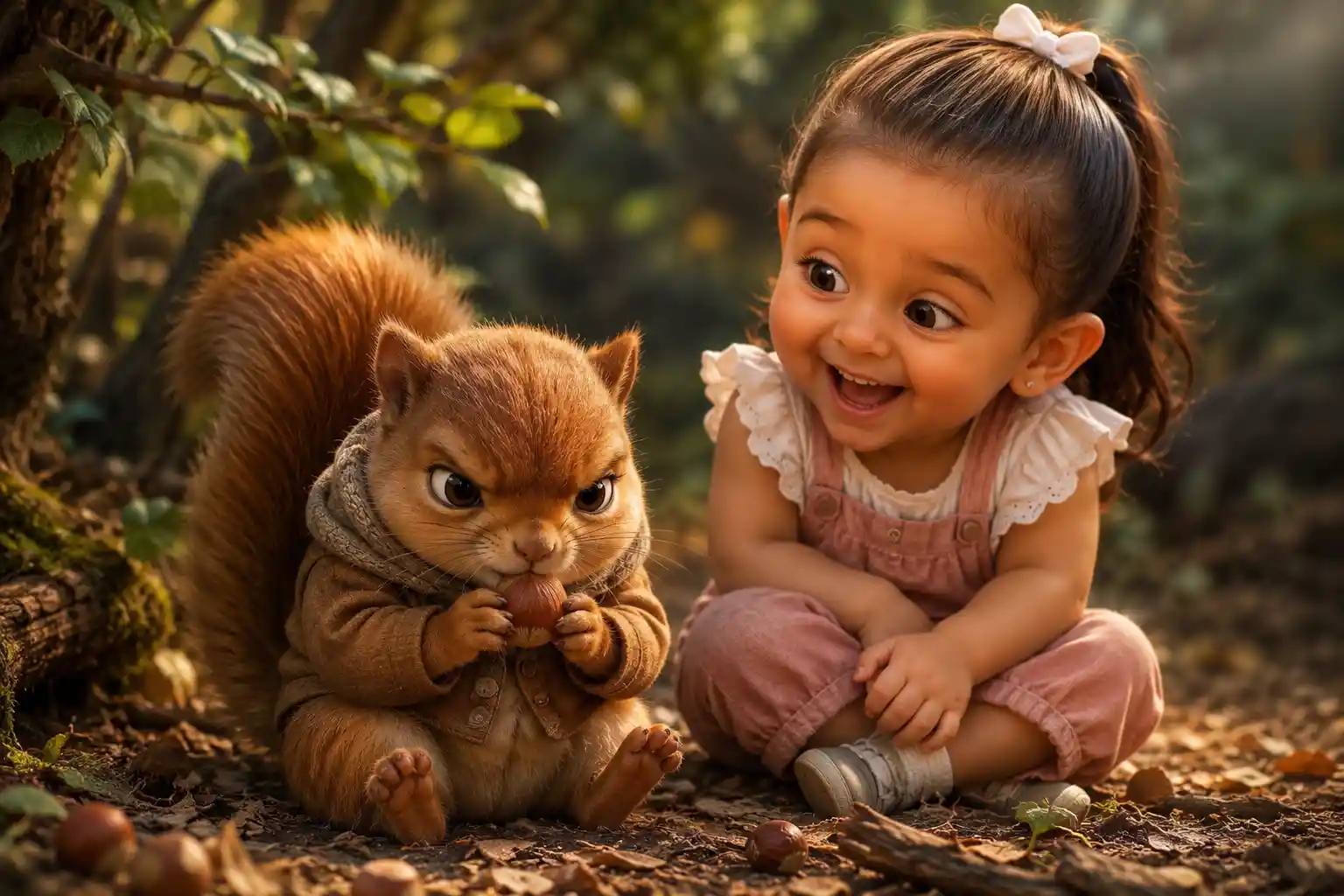Grumpy Squirrel Eating A Nut Beside Laughing Little Girl