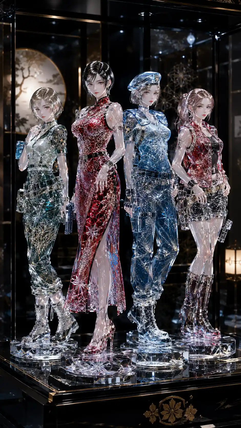 Edo Kiriko glass women on black pedestal in showcase