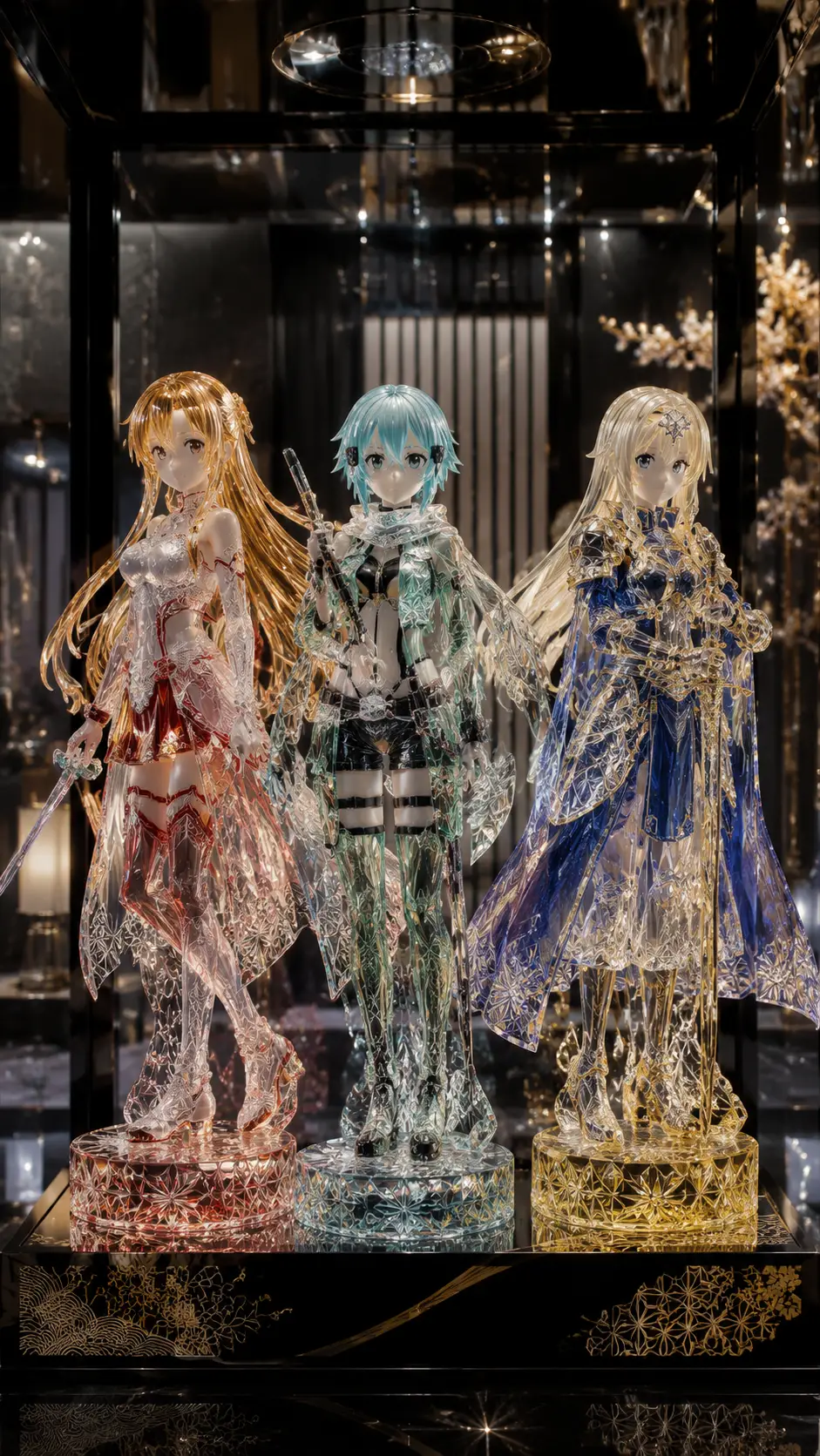 Edo Kiriko Glass Women On Black Lacquer Pedestal Display