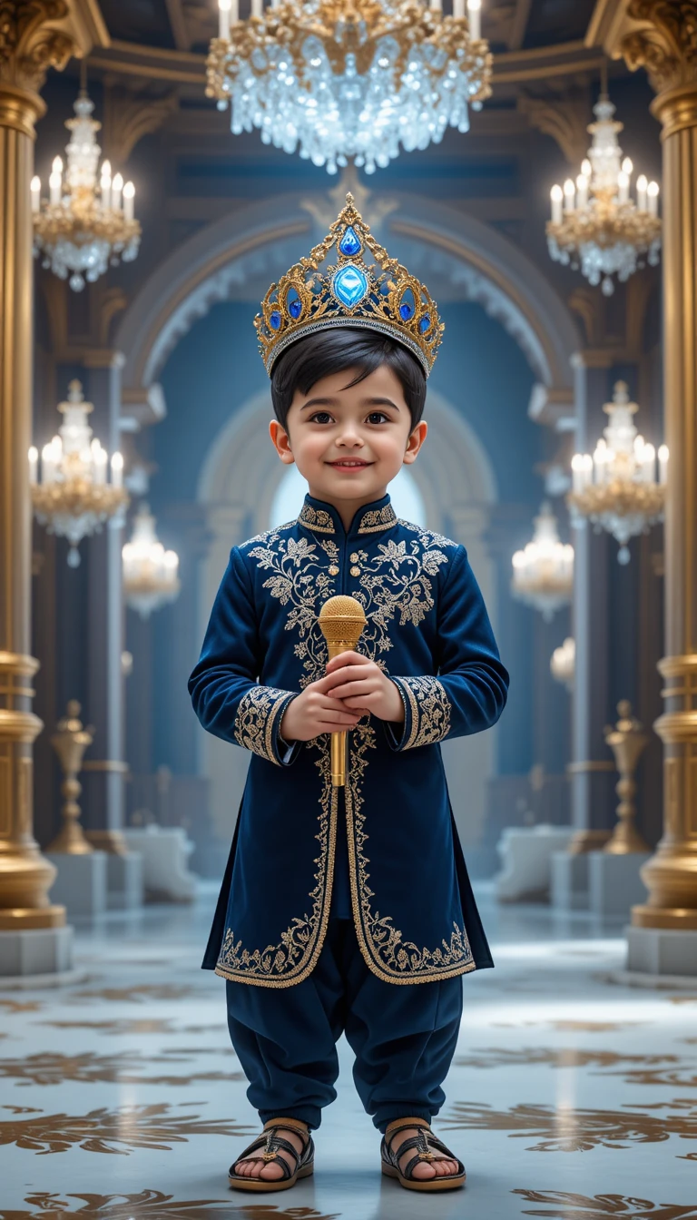 Royal baby boy in blue sherwani inside golden palace