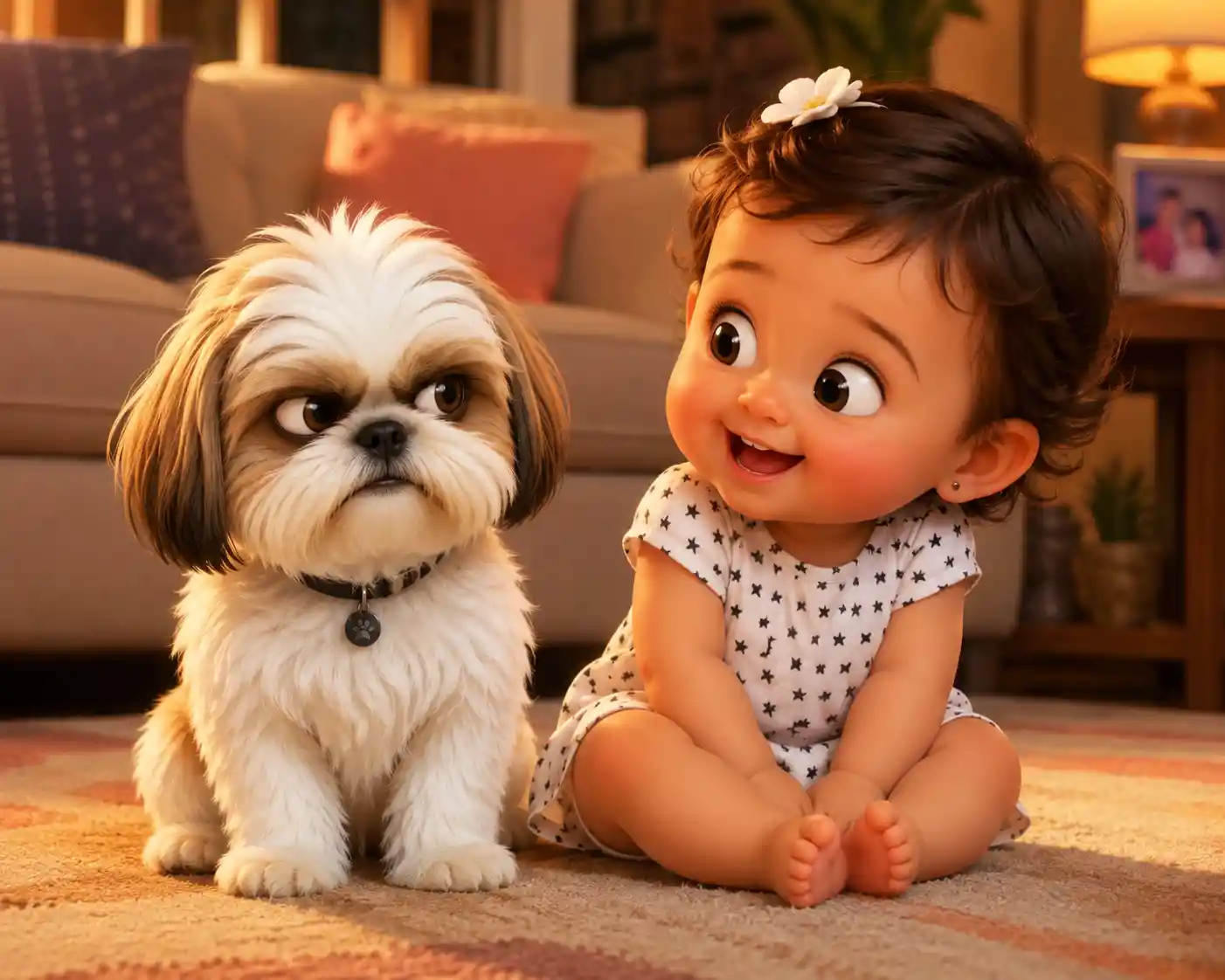 Grumpy shih tzu and laughing girl in cozy living room