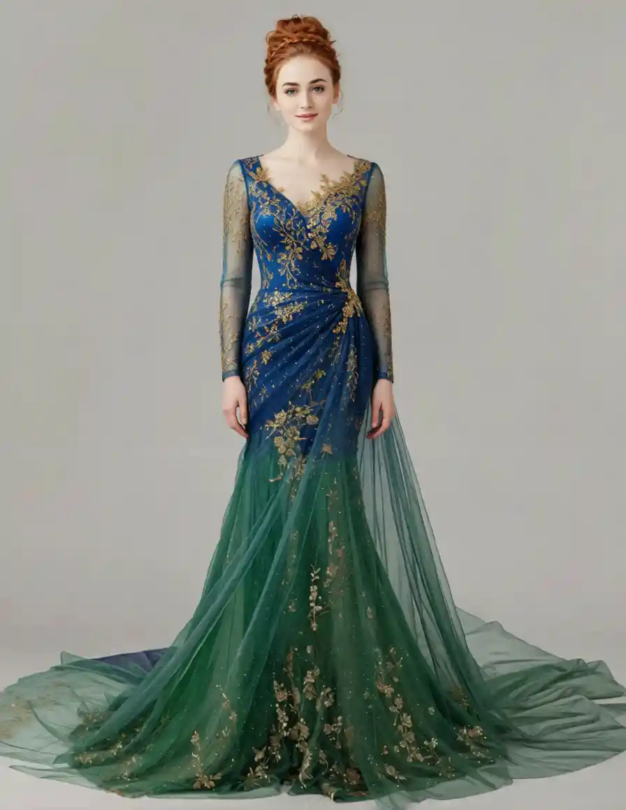 Blonde woman in blue and green embroidered dress