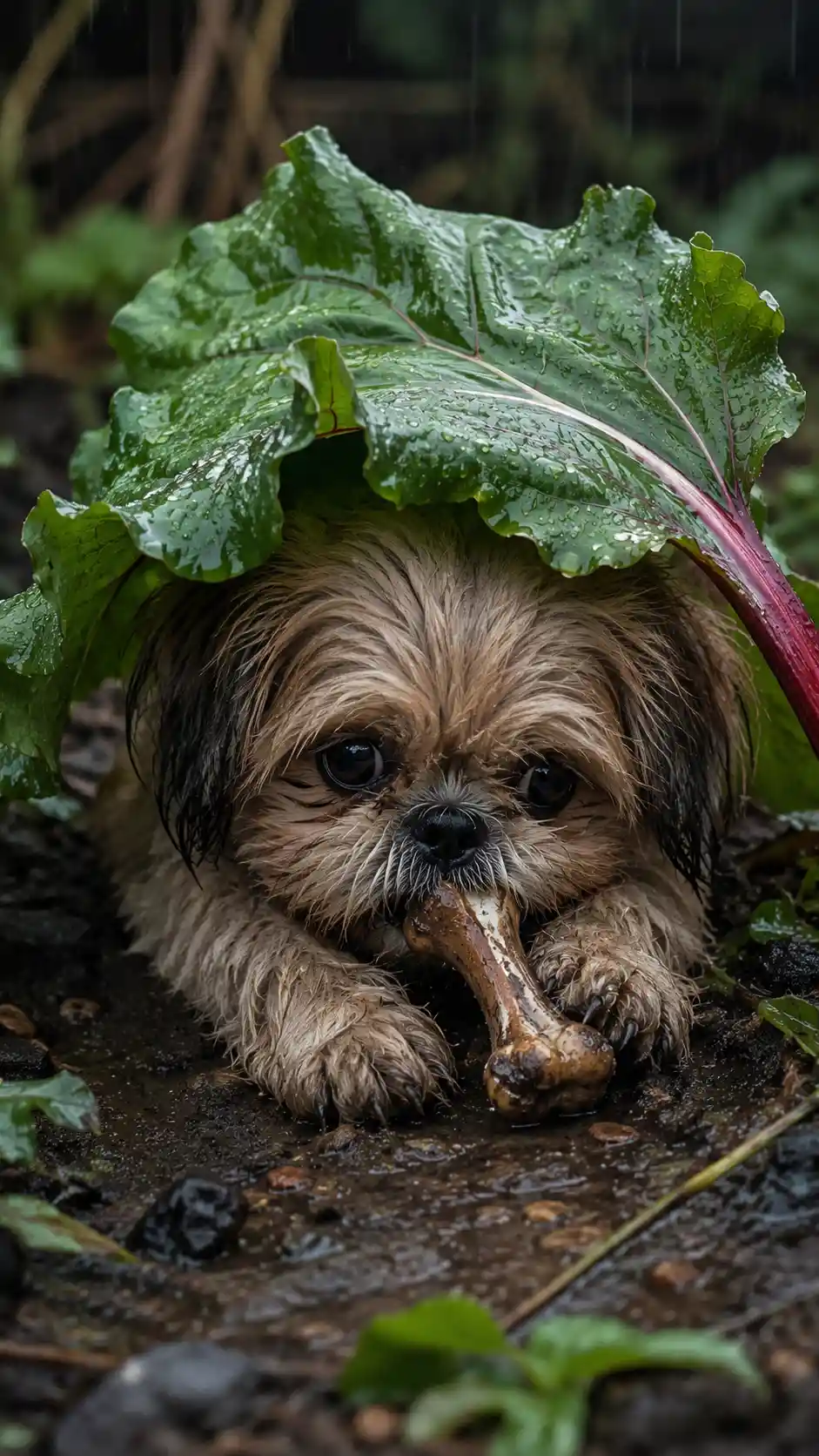 Small fantasy creature sheltering under a rhubarb leaf