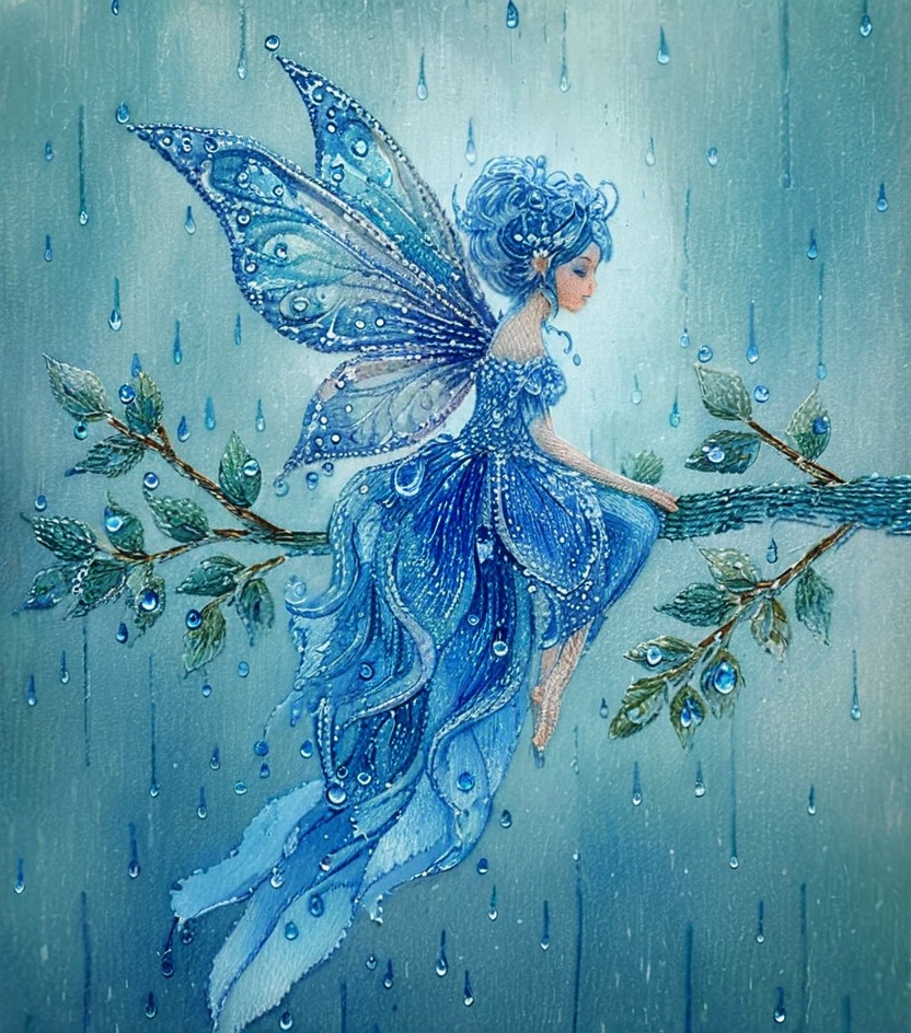 Blue fairy on branch in soft rainy embroidered scene