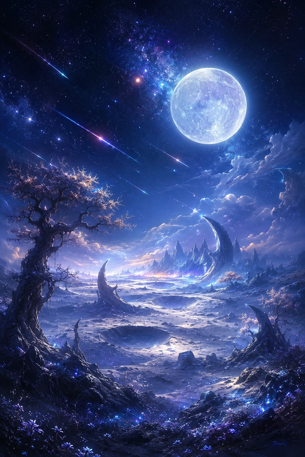 Paisaje lunar místico con meteoros y luna llena brillante