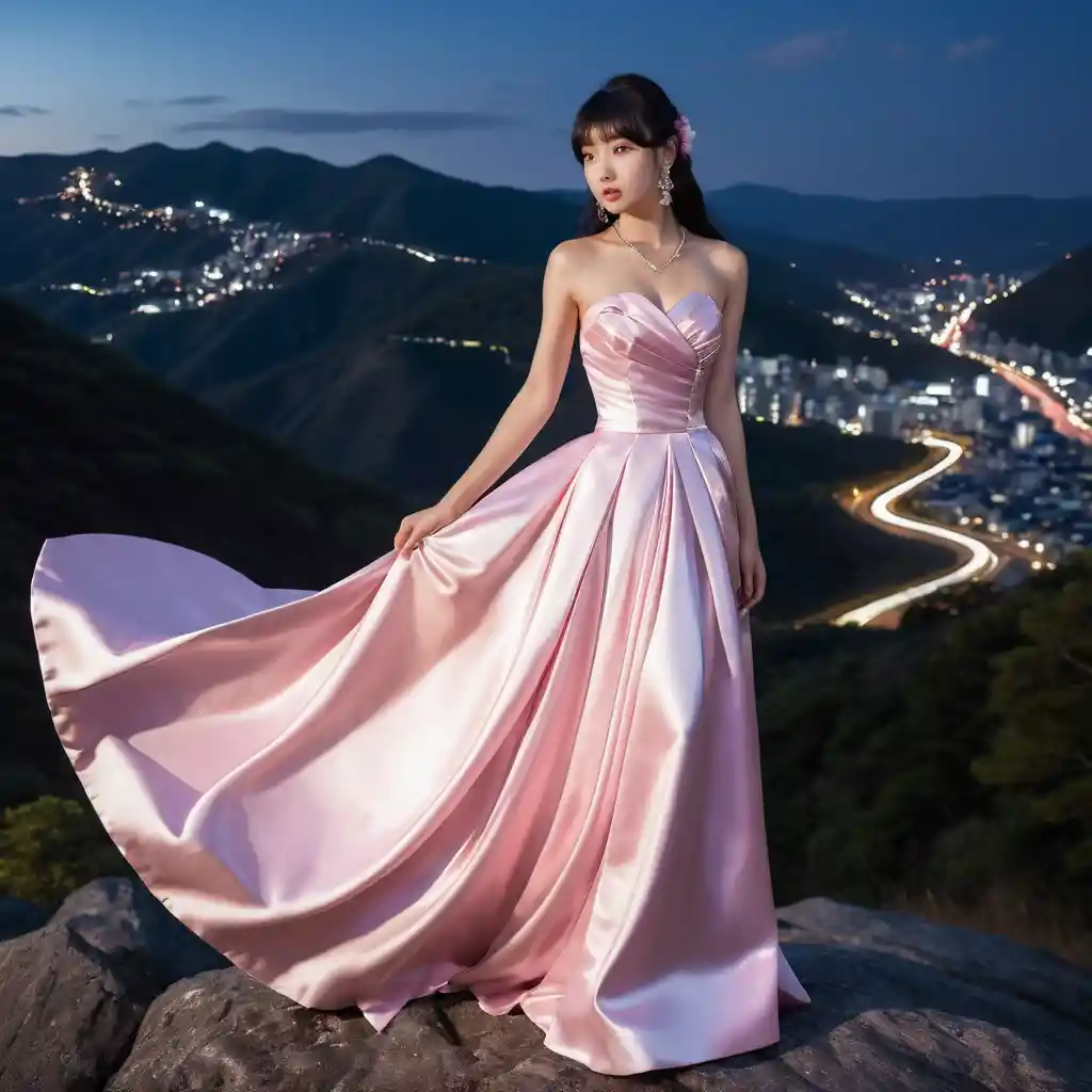 Elegant girl in pink satin gown on a night mountain