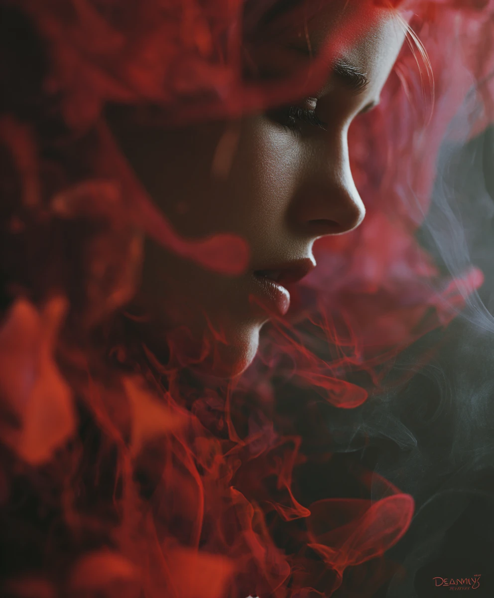 Girl awakening indoors in swirling red and black darkness